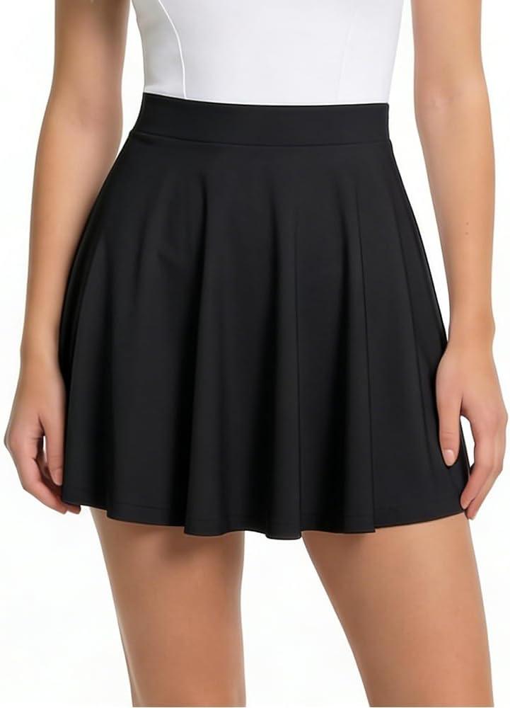 eoeoo Women's Flared Mini Skirt Stretchy High Waist Flowy Ruffle Hem Skater Skirt (Black, S)