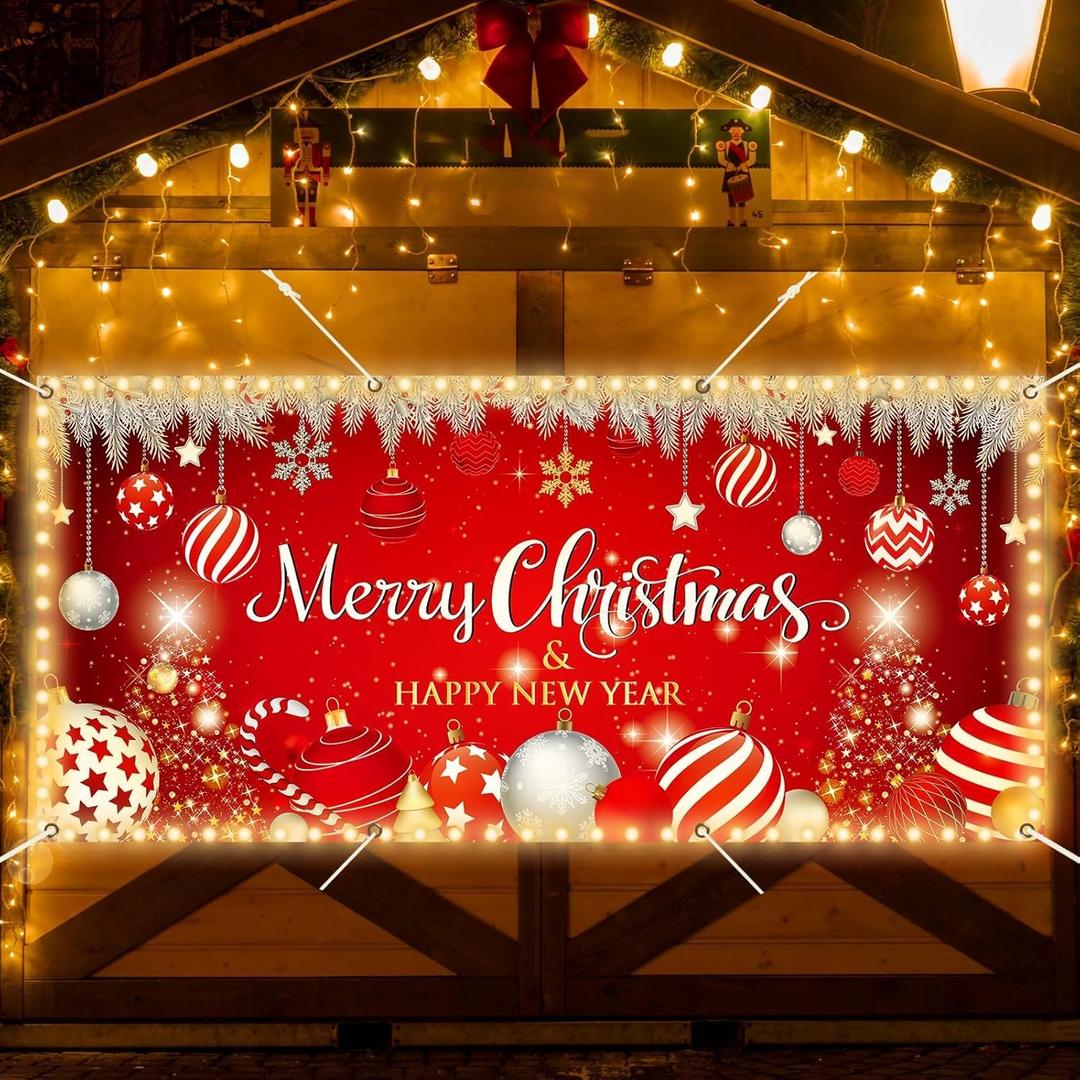 6x13ft Christmas Garage Door Cover Banner Decorations 2025 Happy New Year LED Light String Large Christmas Photo Backdrop Holiday Outside Indoor Home Xmas