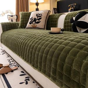 Velvet Couch Cover, Washable Sectional Sofa Cover, Anti Slip Sofa Slipcover for 3 Cushion Couch Sofa L Shaped Armrest Backrest, Furniture Protector Covers for Pets Kids(1PC,Green,36"71")