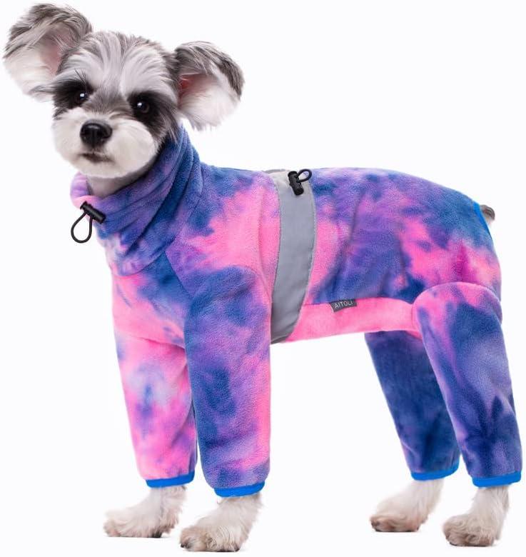 Dog Coats for Small Dogs, Polar Fleece Dog Pajamas Bodysuit, Puppy Onesies Tie Dye Jumpsuits, Dogs Warm Clothes Four-Legged, Doggie Fullbody Winter Jacket Vest (Large)