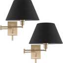 Kira Home Cambridge 15" Modern Swing Arm Wall Lamp - Plug in/Wall Mount + Black Fabric Shade, Cool Brass Finish, 2-Pack