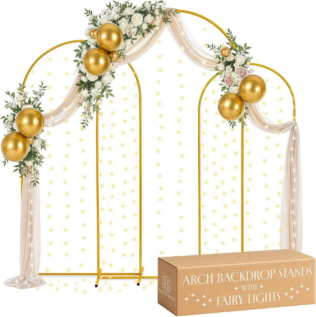 Gold Metal Arch Backdrop Stand for Wedding & Birthday Party Decorations, Foldable Balloon Arch Frame with Easy Assembly, Photo Booth Backdrop Dcor with Fairy Lights Options