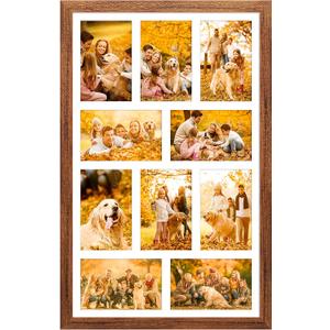13x21 Collage Frame with 10 Openings 4X6 Pictures, Multiple Picture Frame with Mat, Wall or Tabletop Decor, Carbonized Brown Wood Grain,1 Pack