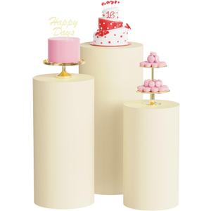 Wokceer Spandex Cylinder Stand Covers for Party 3Pcs Cylinder Pedestal Covers Plinth Stand Pillar Cover for Birthday Party Wedding Props Decor Beige (Only Cover)