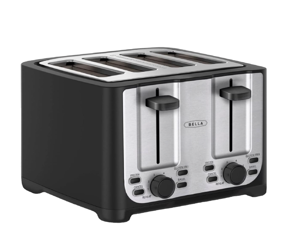 bella 4 Slice Toaster with Auto Shut Off, Extra Wide Slots & Removable Crumb Tray and Cancel, Defrost & Reheat Function, Toast Bread & Bagel, Black