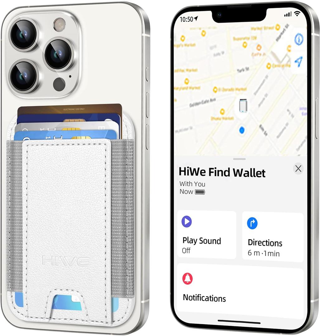 HiWe for MagSafe Wallet with Find My, Anti-Lost Strongest Magnetic Wallet for iPhone 17/16/15/14/13/12 Series, 5 Cards Holder, Leather RFID Slim, White