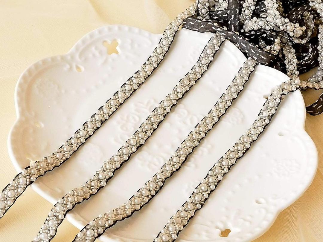 2 Yards Pearl Beaded Trim Bridal Lace Ribbon Trimming Edge Tape for Craft Sewing Wedding Dress Fabric DIY Decoration 1cm (#2)