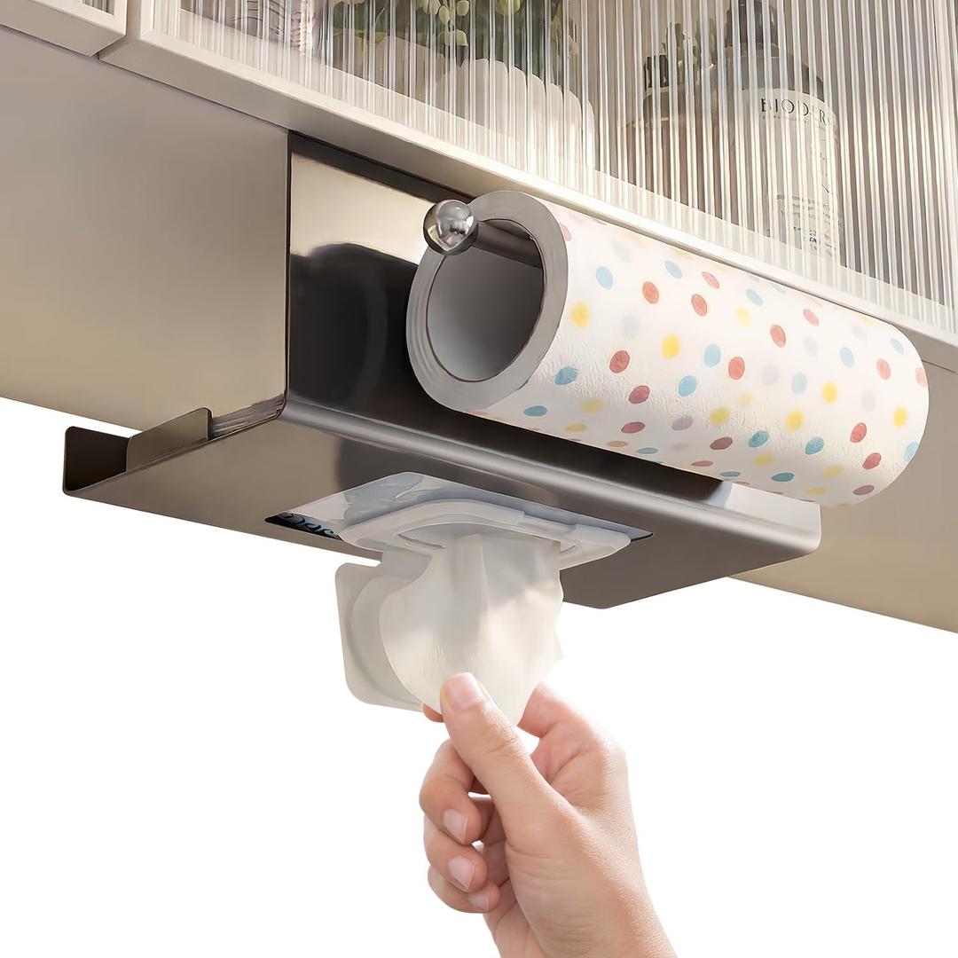 2 in 1 Under Cabinet Paper Towel Holder, No-Drill Self-Adhesive Hanging Rack, Sleek Metal Bathroom Roll Dispenser, Face Towel Tissue Storage, Wall-Mount Look, Space Saving, Gray