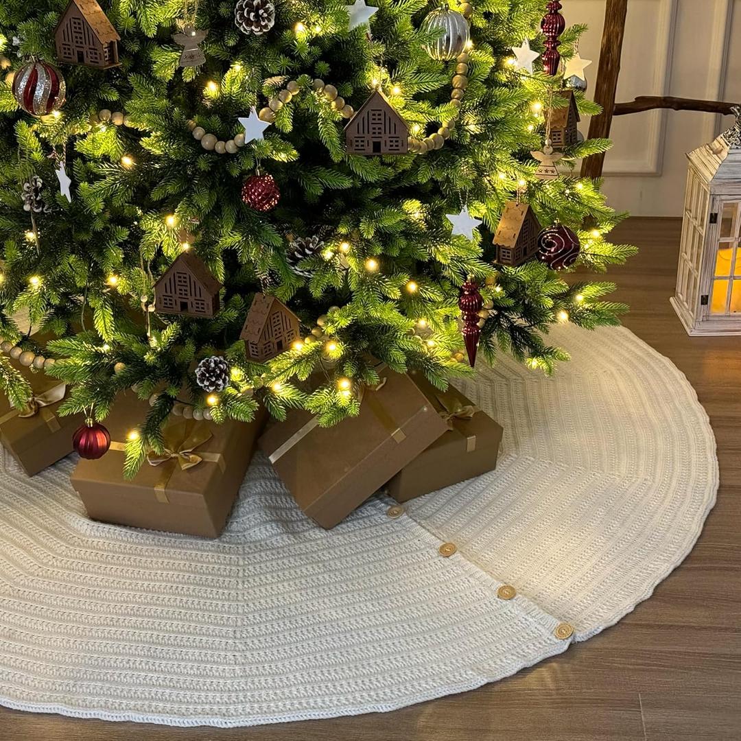 72-Inch Rib Knit Christmas Tree Skirt with Round Button Closures, Machine Washable, Cream