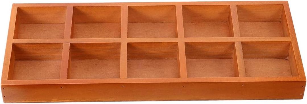 TEHAUX Wooden Compartment Tray with 10 Sections - Desktop Sorting Tray - Section Organizer Box for Display Crafts, Jewelry & Small Items, Grid divided Storage Box Office Supplies