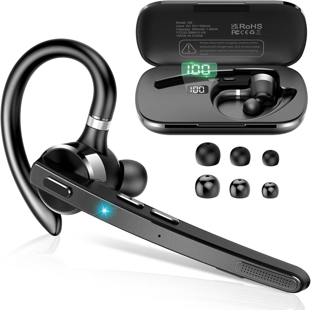 Bluetooth Headset, Wireless Bluetooth 5.3 Earpiece, 90Hrs Hands Free Headset with APTX HD Audio & Mute Button, Dual Noise Cancelling Mics, Single-Ear Headphone for Trucker/Business/Office/Gym (Grey)
