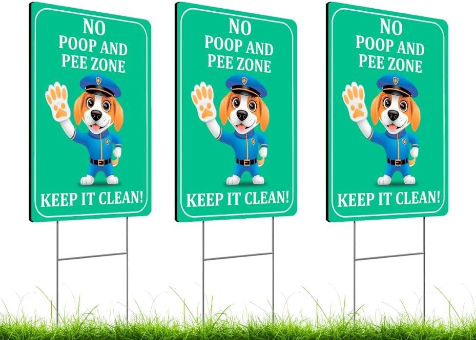 Set of 3 Double Sided 12x8 Inches Plastic Sign "No Poop and Pee Zone Keep it Clean" with Metal H-Stakes - Clean Up After Your Dog Signs - Curb Your Mutt for Lawn - Pick Up Dogs Poop Sign