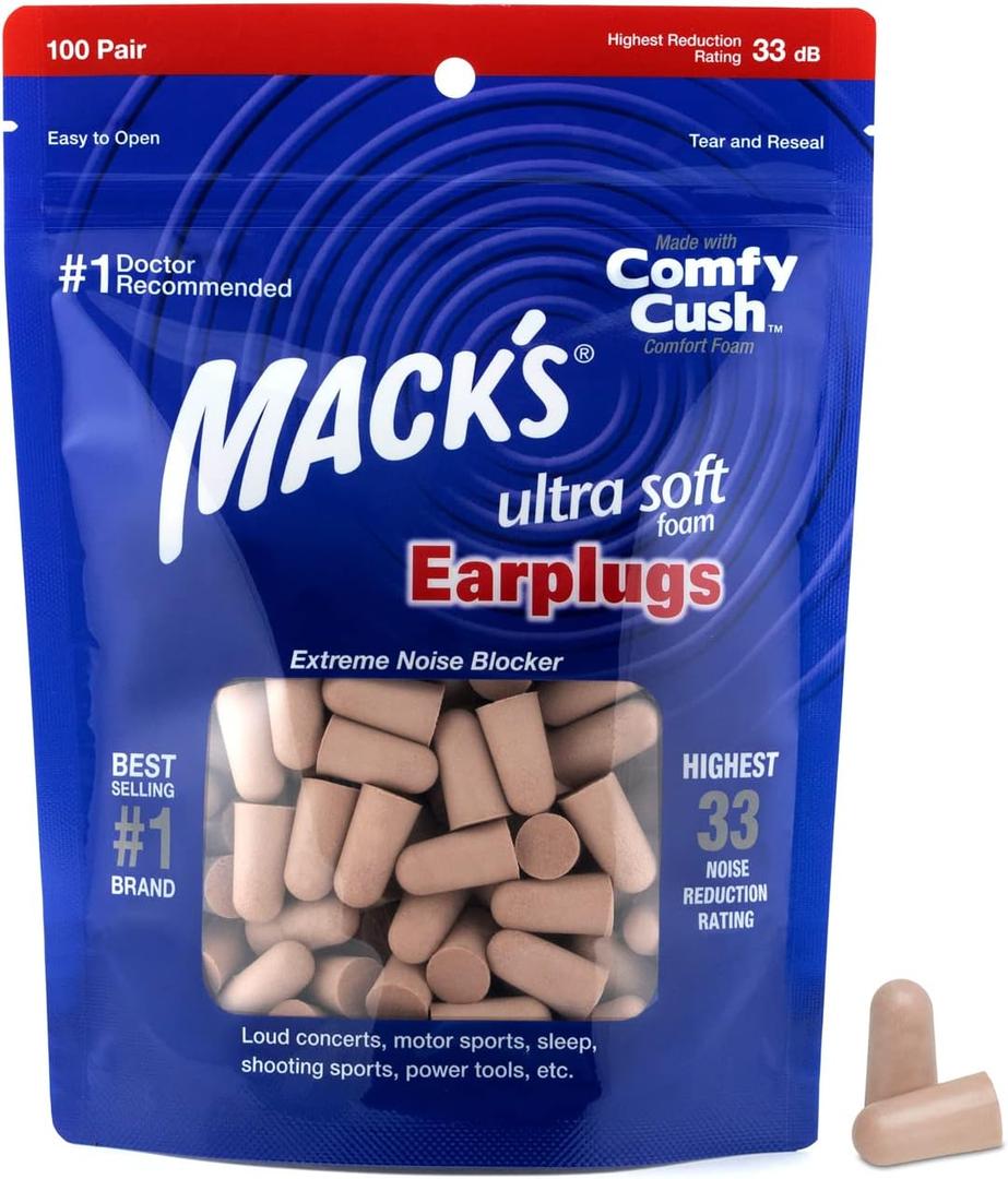 Mack's Ultra Soft Foam Earplugs, 100 Pair Bag - 33dB Highest NRR, Comfortable Ear Plugs for Sleeping, Snoring, Travel, Concerts, Studying and Loud Noise | Made in USA (200 Count (Pack of 1), Beige)