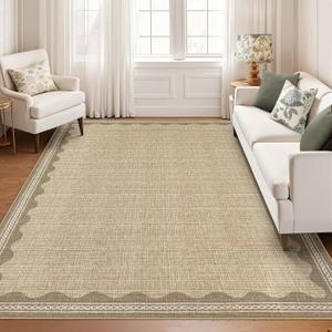 GarveeHome Scalloped Washable 8x10 Rug for Living Room Non-Slip Solid Tan Jute Digital Printing Modern Low-Pile Carpet 8 x 10 Rug for Bedroom Dining Nursery Mat with Rubber Back