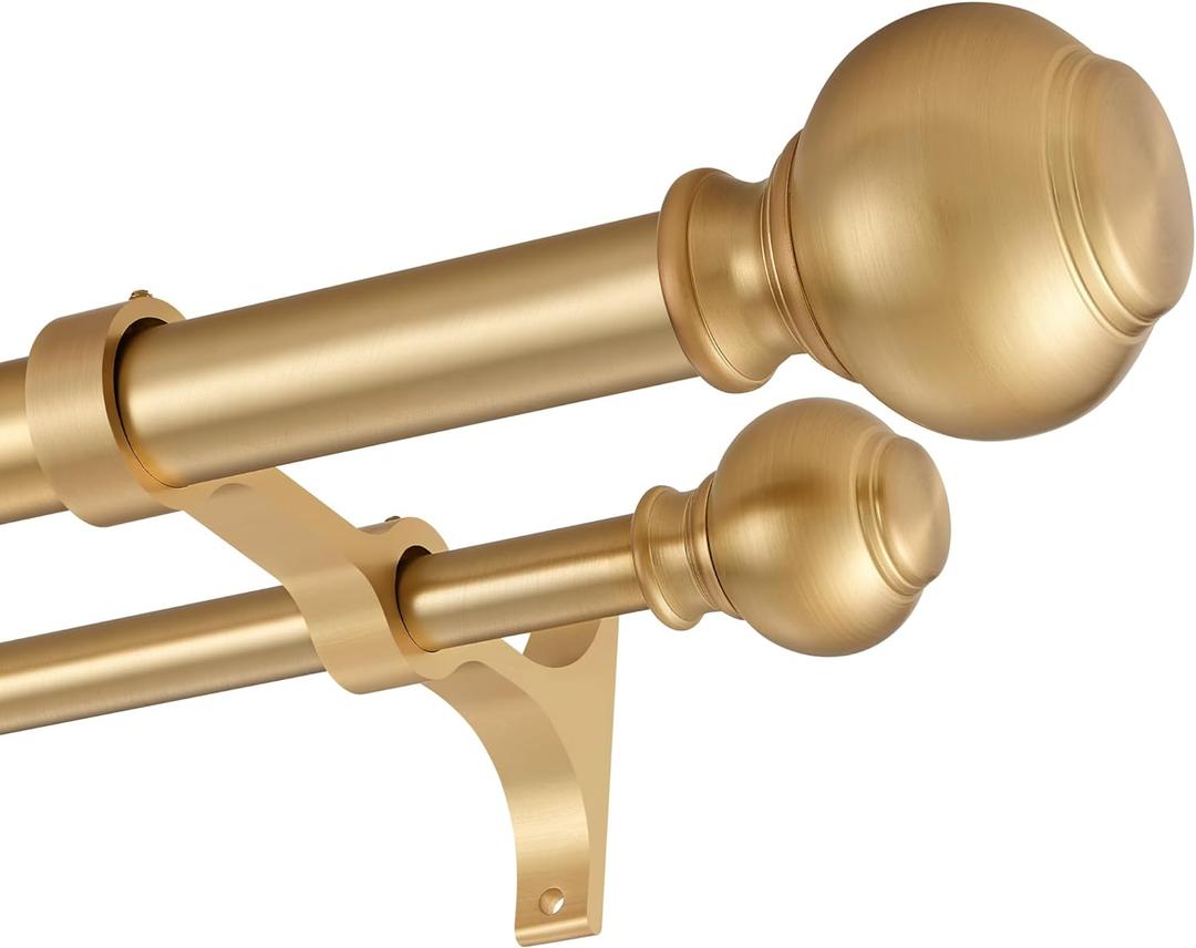 1 Inch Double Curtain Rods 36 to 72 Inches, Adjustable Telescoping Window Drapery Rod, Dual Heavy Duty Curtain Rods with Iron-Finials for Sliding Glass Door, Patio, Bedroom, Kitchen, Warm Gold