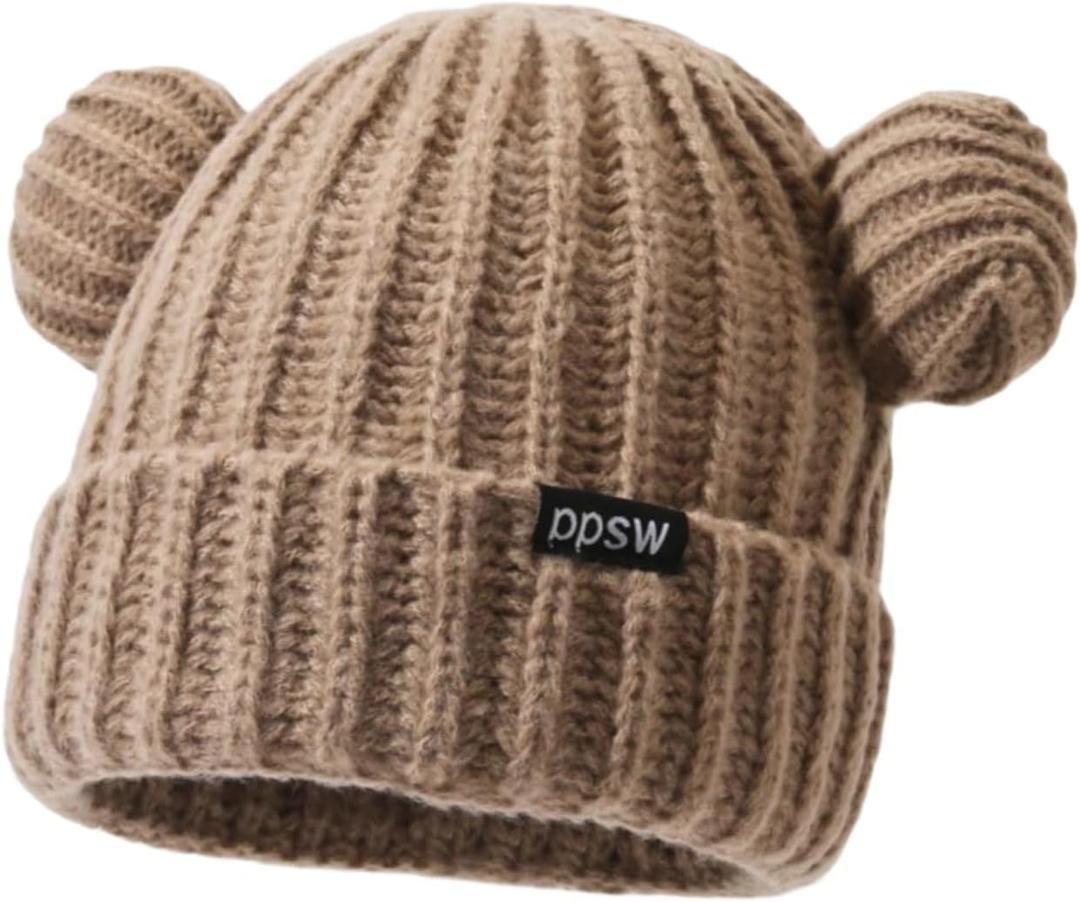 2 x Adult Knit Beanie Hat, Winter Bear Ears Hat Warm Knitted Fleece Lined Woollen Ski Pompom Hat