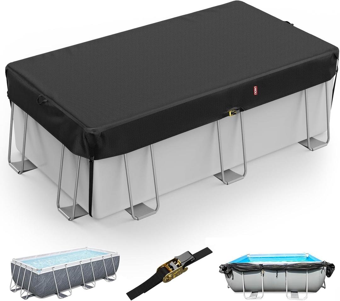 LXKCKJ 12x18 FT Pool Cover for Rectangular Above Ground Pool, Solar Oval Pool Cover Protection with Tensioner, Ideal for Rectangular/Oval Frame Pool Waterproof & UV-Resistant (Black)