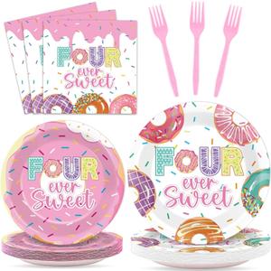 96 Pcs 4th Birthday Donut Party Decoration for 24 Guests Four Sweet Donut Paper Plates Napkins Four Years Old Themed Tableware Set Table Supplies 4th Birthday Pink Party Favor