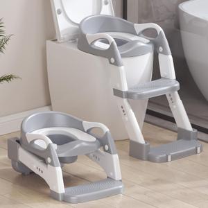 2-in-1 Toddler Potty Training Toilet Seat with Step Stool Ladder  Adjustable Height Potty Chair Urinal for Baby Boys Girls Age 1-3, Foldable Training Potty with Splash Guard & Anti-Slip Feet, Grey
