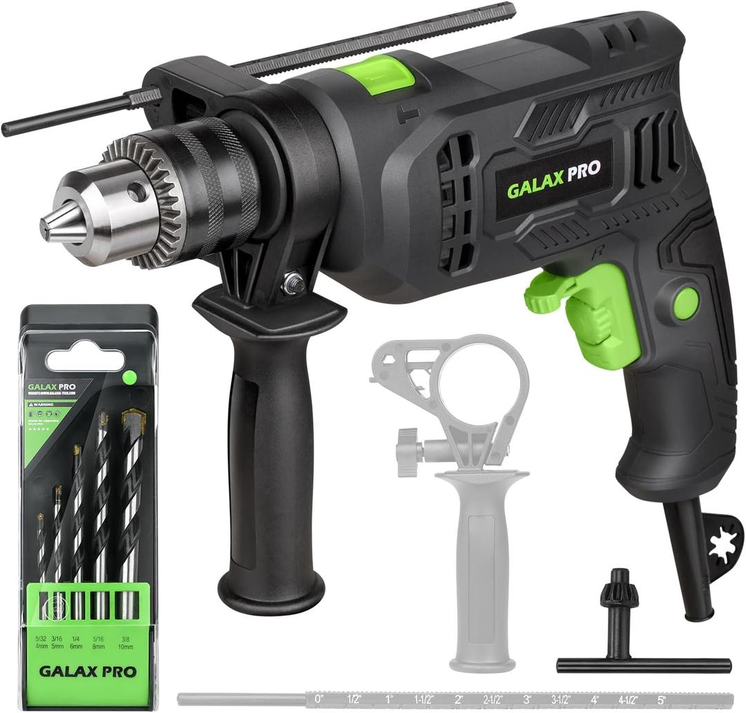 GALAX PRO 4.5Amp 0-3000RPM Corded Hammer Drill, 5pcs Bit, Hammer and Drill 2 Functions in 1 with 12 Variable Speed, 1/2 Inch Keyed Metal Chuck, 360 Rotating Handle