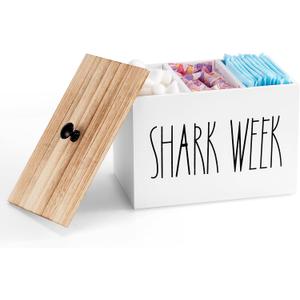 Tampon Holder for Bathroom, Shark Week Tampon Storage Pad Organizer Case for Bathroom, Farmhouse Style Feminine Product Organizer with Lid, Lady Stuff Box for Bathroom Accessories