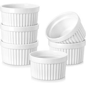 MALACASA Ramekins 10 oz Oven Safe, Porcelain Creme Brulee Ramekins Pudding Custard Cups Large Ceramic Souffle Dishes Ramakan Ramiken Ramicans Baking Bowls Set of 6, White, Series RAMEKIN-DISH