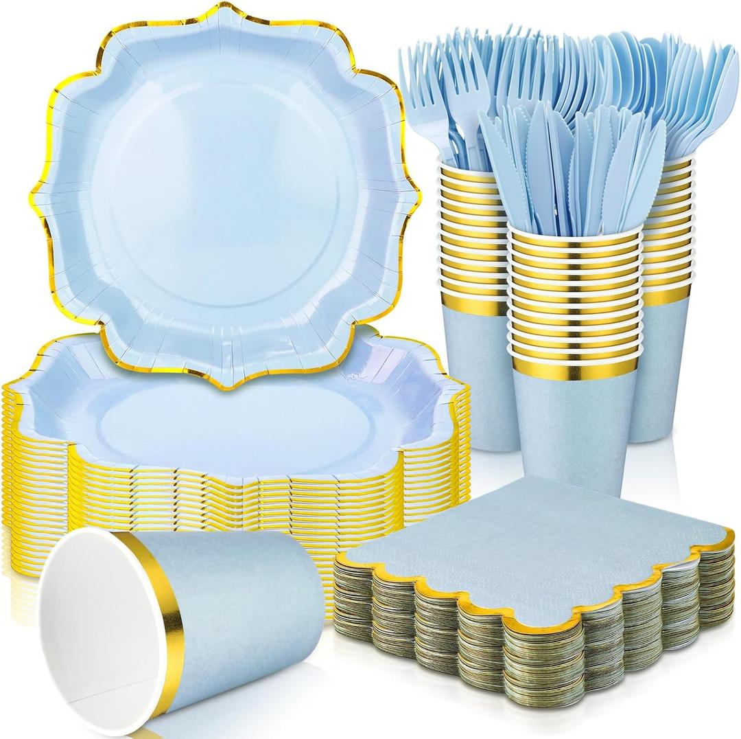 Gejoy 144 Pcs Bridal Shower Decorations Baby Shower Party Supplies Include Disposable Paper Plates Cups and Napkins Sets with Plastic Forks Knives Spoons for Wedding Birthday Party(Light Blue)
