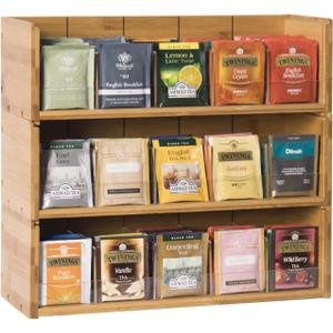 X-cosrack Bamboo Tea Bag Organizer Storage Box, 3 Tier Stackable Tea Bag Box Natural Wood, Wall Mount Tea Chests with Acrylic for tea bags Office Kitchen Cabinet Pantry (Large)
