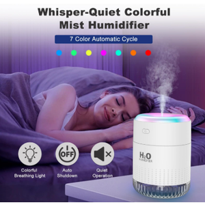 7-Color Cool Humidifier – a room humidifier and USB personal desktop humidifier, ideal for baby rooms, bedrooms, travel, offices, and homes. It features 2 mist modes and is ultra-quiet.