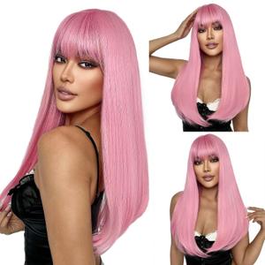 SUKRI Pink Wigs with Bangs for Women Long Straight Pink Wig 22 Inch Colorful Synthetic Wig Natural Looking Hair Wigs for Daily Party Cosplay Use