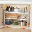 Pots and Pans Organizer Under Cabinet, Expandable Length, Adjustable Height Under Sink Shelf 2 Tier with 10 Dividers Under Cabinet Shelf, Pot and Pan Lid Holder Rack (White)