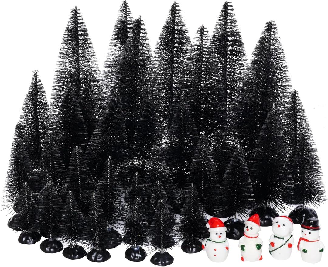 Yookat 40 Pieces Mini Christmas Trees Bottle Brush Trees Sisal Trees Mini Pine Trees with Wooden Base Bottle Brush Christmas Trees and Christmas Figures Decoration for Christmas Decoration (Black)