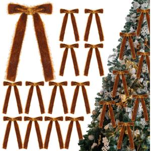 12 Pcs Brown Bows for Christmas Tree Brown Frayed Velvet Ribbon Bows Ornaments Vintage Frayed Crushed Velvet Ribbons for Tree Garland Wreath Indoor Outdoor Xmas Decorations