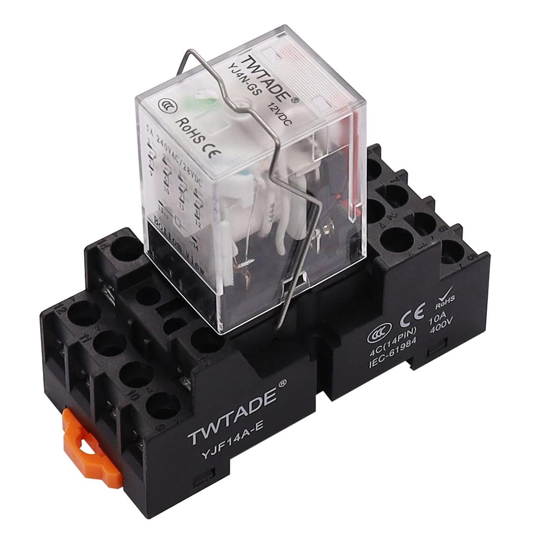 TWTADE/DC 12V Relay 5A Electromagnetic Power Coil Relay 14 Pins 4PDT 4NO+4NC HH54P MY4J with Indicator Light & Socket Base -YJ4N-GS