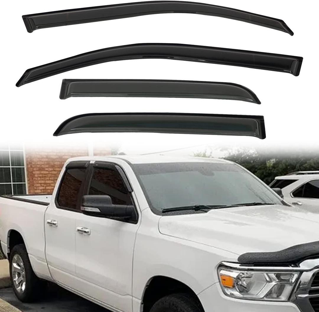 4pcs Smoke Tint Rain Guard Window Visors Compatible with 2019-2025 Dodge Ram 1500 New Body Quad Cab (2 Full-Size Doors, 2 Half-Size Doors) Tape-On Vent Deflector Car Accessories Out-Channel