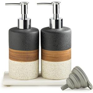Ceramic Dish Soap Dispensers Set(2 Pack), Hand, Dish, Shower Soap Dispenser for Kitchen Sink & Bathroom, Includes Stainless Steel Pump, Silicone Funnel & Diatomaceous Holder, Black