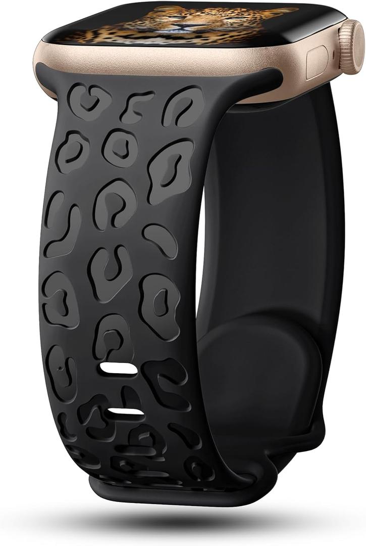 CreateGreat Engraved Bands Compatible with Apple Watch Band  42mm 44mm 45mm, Leopard Pattern Soft Silicone Strap Compatible with iWatch Series 10 9 8 7 6 5 4 3 2 1 SE Ultra