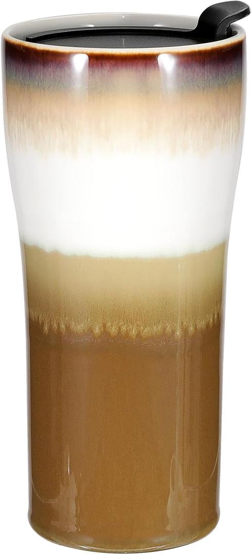 Double Wall Ceramic Coffee Mug with Lid, 15oz Large Insulated Travel Coffee Mugs, Splash Resistant, Dishwasher Microwave Safe, Portable Coffee Cup for Car Cup Holder, Unique Gift (Brown)