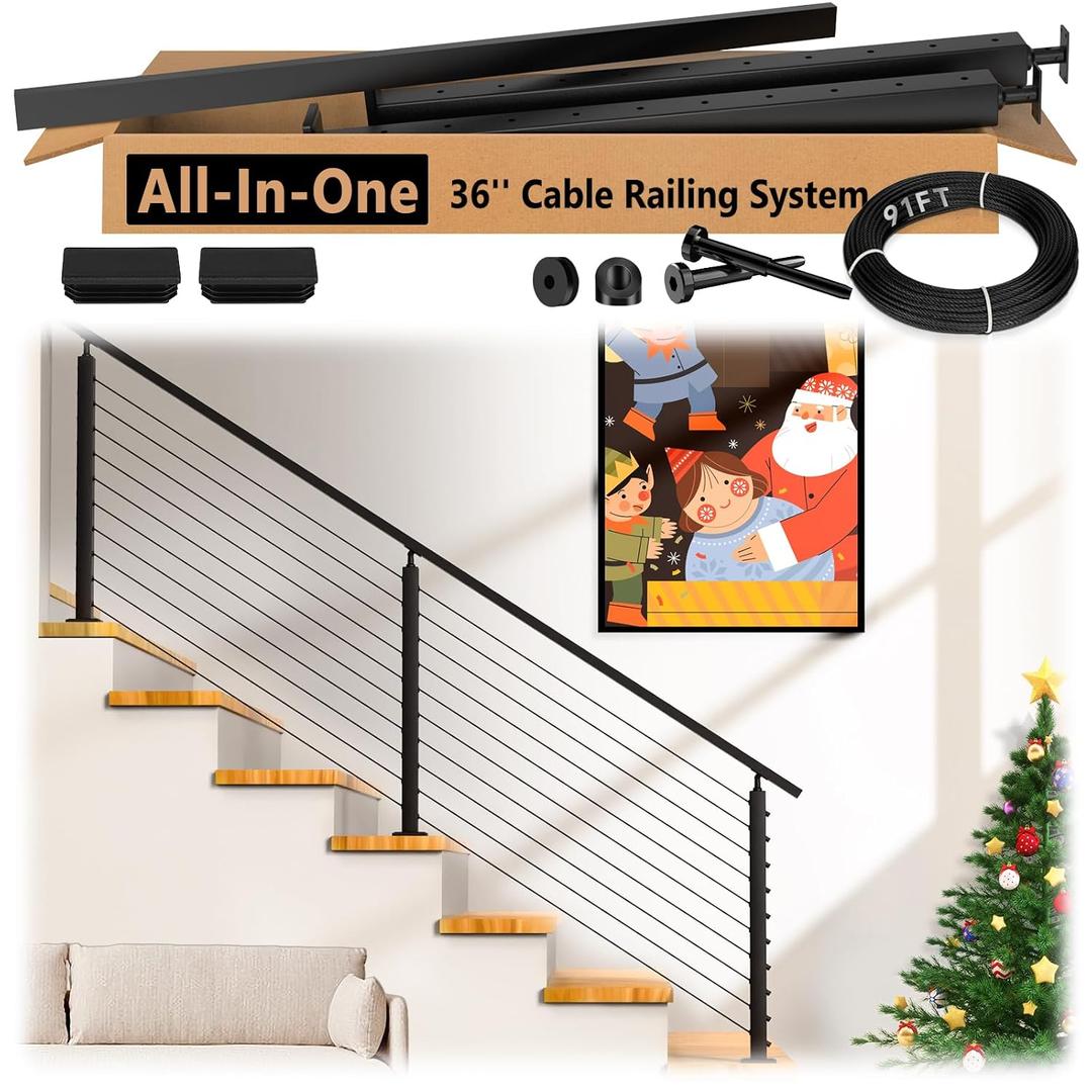 4ft-8ft Modular 36in Cable Railing System for Stair with Handrail
Complete Set, 33° Drilled for 28-38° Step, Handrail Cuttable, Swage Cable Railing Kit, T304 Stainless Steel, 1/8" Wire, Black