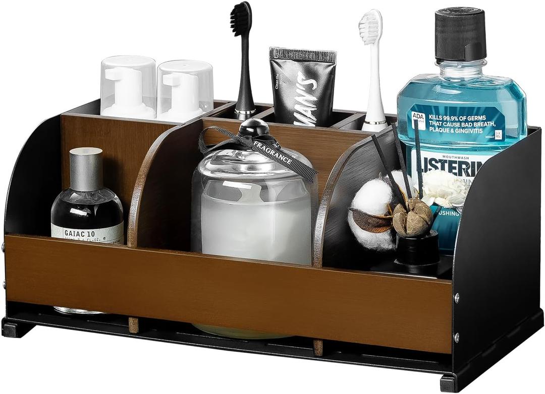 Bathroom Organizers on Counter,Wooden & Metal 7-Slot Solid One-Piece Bathroom Organizer with Drainage,Large Size Toothbrush Holders for Bathrooms, Vanity Storage