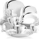 VEWEET, Series Fiona, 30-Piece Dinnerware Sets for 6, White Dishes Set with Black and Gray Stripes, Porcelain Dinner Set Including Dessert Plates, Soup Plates, Dinner Plates, Cups & Saucers