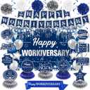 Happy Work Anniversary Decorations Blue Silver Happy Workiversary Banner Honeycomb Centerpieces Hanging Swirls Tissue Paper Pompoms Sash for Office Employee Worker Anniversary Appreciation Supplies