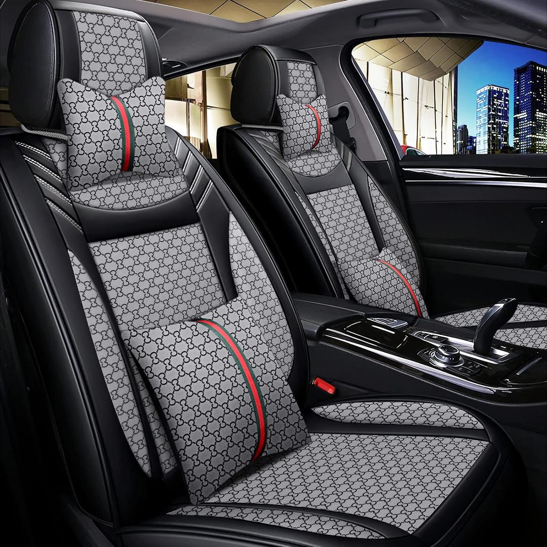 Car Seat Cover Full Set, Premium Soft Breathable Seat Covers with 2 Neck Pillows & 2 Lumbar Pillows, Universal Fit for Most 5 Seats Cars SUV, Airbag Compatible (Gray)
