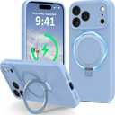 Compatible with iPhone 17 Pro Case Stand, Full Camera Protection Slim Liquid Silicone Phone Cases Fit for iPhone 17 Pro Compatible with MagSafe Magnetic Ring Kickstand Case 6.3", Light Blue