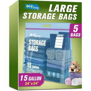 15 Gallon Large Storage Bags, 24 x 24 Zipper Bags with Handle, Extra Large XL Zip Top Bags for Clothes Travel Moving, Blue, Pack of 5