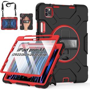 Case for iPad Pro 11 Inch (2022/2021/ 2020/2018): Silicone Cover for iPad 11 (4th/ 3rd/ 2nd/ 1st) Generation with Screen Protector- Stand- Handle- Shoulder Strap- Pencil Holder- Red
