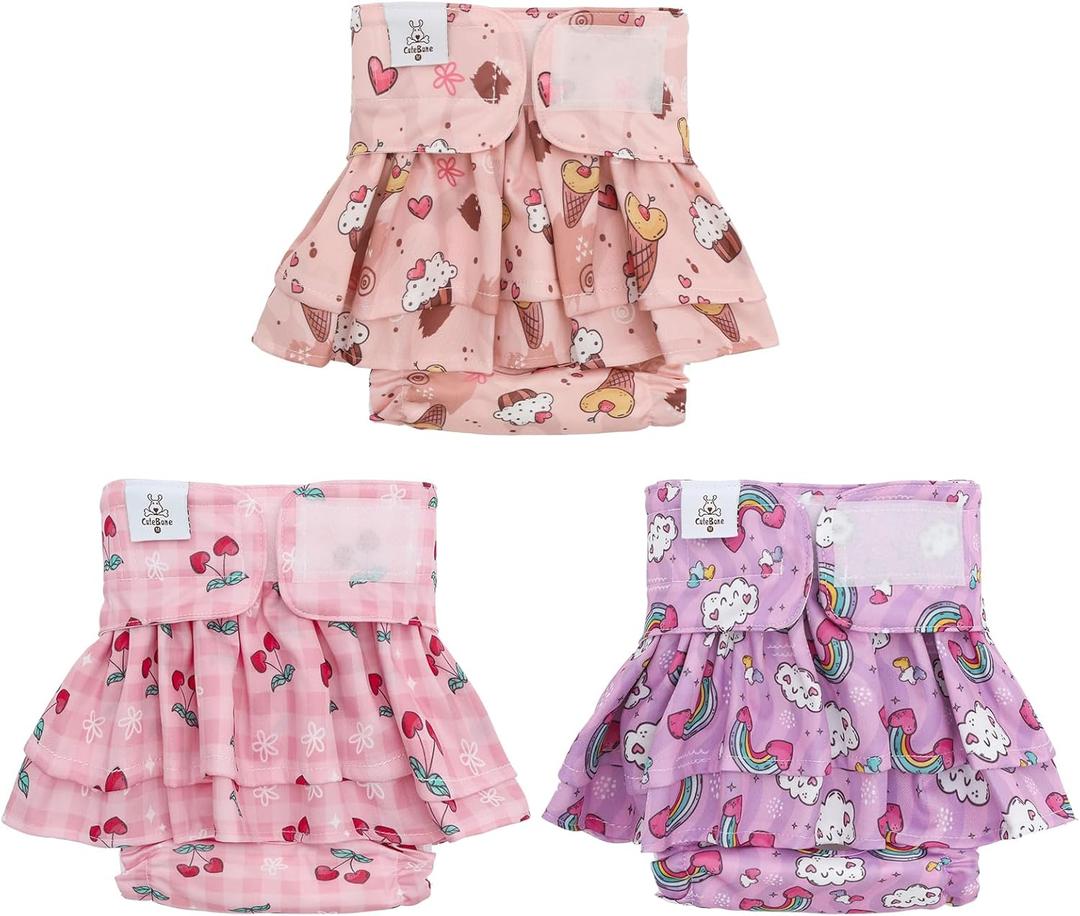 CuteBone Female Dog Diapers with Skirts 3 Pack Reusable Puppy Dresses Pants for Heat Cycle Period QBD17S