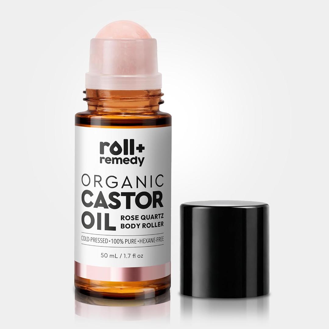 Organic Castor Oil + Rose Quartz Body Roller – 100% Pure, Cold-Pressed, Hexane-Free Castor Oil for Skin Hydration, Massage & Daily Self-Care