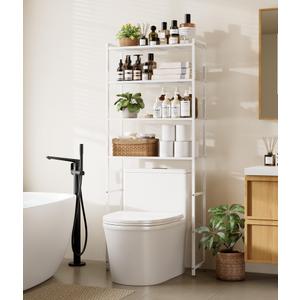 Tujurich 4-Tier Over The Toilet Storage Rack, Bathroom Organizer with One-Piece Metal Mesh Shelves, Over Toilet Shelf with Adjustable Feet & Anti-Tip Kit, Space-Saving Bathroom Storage, White