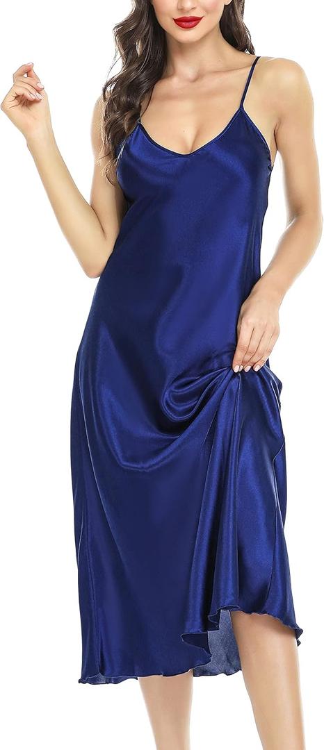 Lovasy Women Satin Nightgown Sexy Lingerie Long Slip Dress V Neck Sleepwear Nightdress S-XXL (Blue, L)